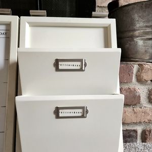 Pottery Barn organizational system white letter bin